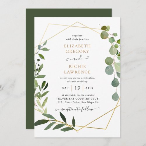Gold Geometric Frame Eucalyptus Greenery Wedding Invitation - This elegant and customizable Wedding Invitation features an geometric gold frame adorned with beautiful watercolor greenery foliage & has been paired with a whimsical calligraphy and a classy serif font in gold and gray. To make advanced changes, please select "Click to customize further" option under Personalize this template.