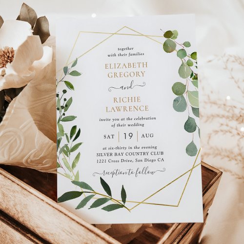 Gold Geometric Frame Eucalyptus Greenery Wedding Invitation