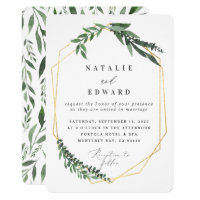 Gold geometric frame leafy wedding invitation. invitation