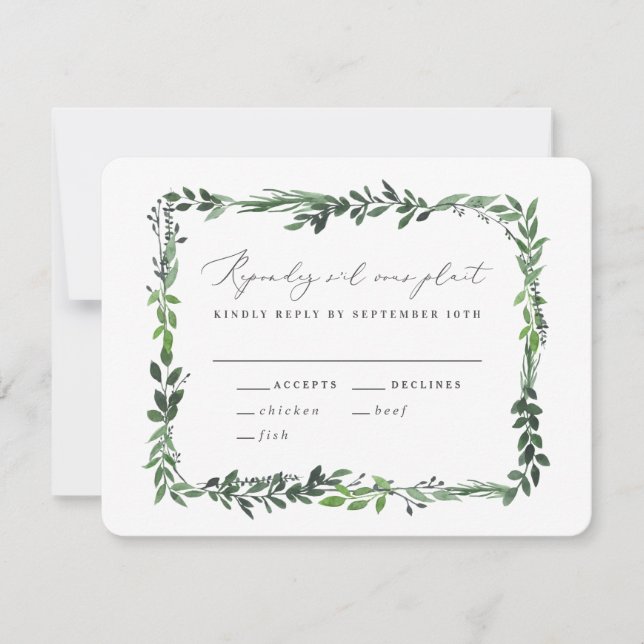 Gold geometric frame leafy wedding reply card (Front)
