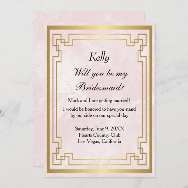 Gold Geometric Frame Pink Marble  Bridesmaid Invitation (Front/Back)