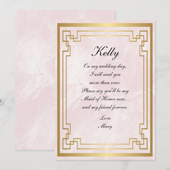 Gold Geometric Frame Pink Marble Maid Of Honor Invitation (Front/Back)