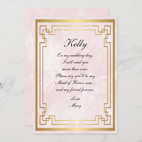 Gold Geometric Frame Pink Marble Maid Of Honor Invitation