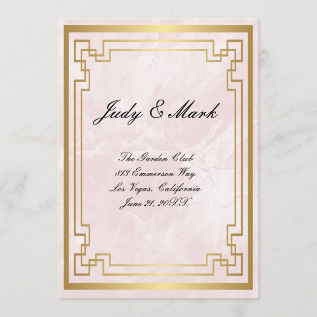 Gold Geometric Frame Pink Marble Wedding Menu Card (Front)