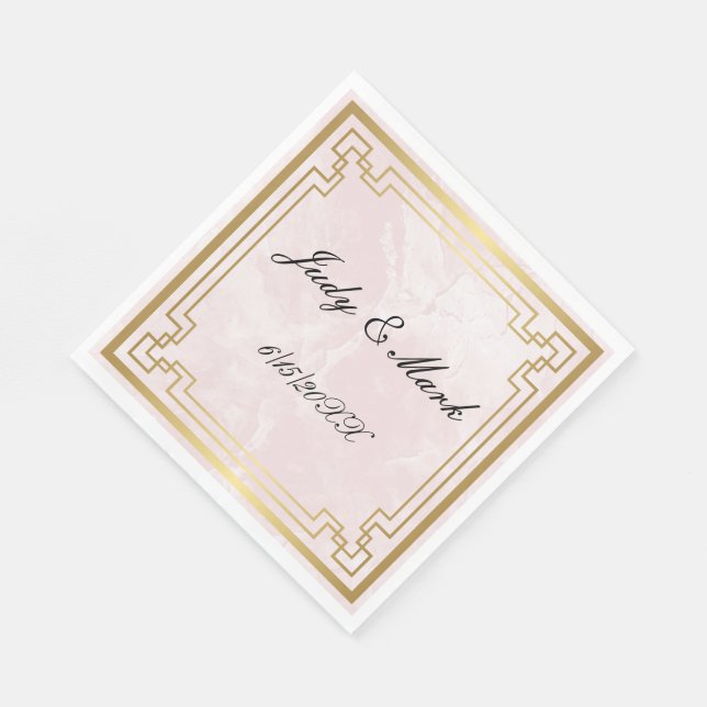 Gold Geometric Frame Pink Marble Wedding Paper Napkins (Corner)