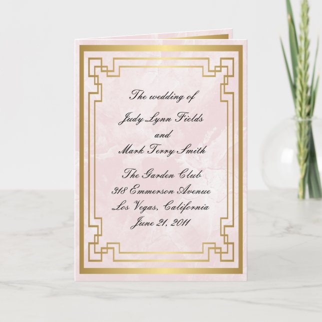Gold Geometric Frame Pink Marble Wedding Program (Front)