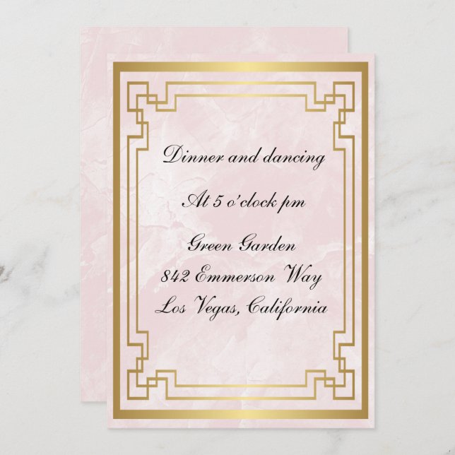 Gold Geometric Frame Pink Marble Wedding Reception Invitation (Front/Back)