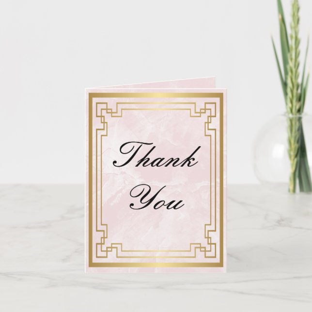Gold Geometric Frame Pink Marble Wedding Thank You Card (Front)