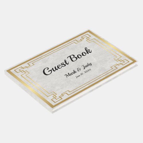 Gold Geometric Frame White Marble Wedding Guest Book