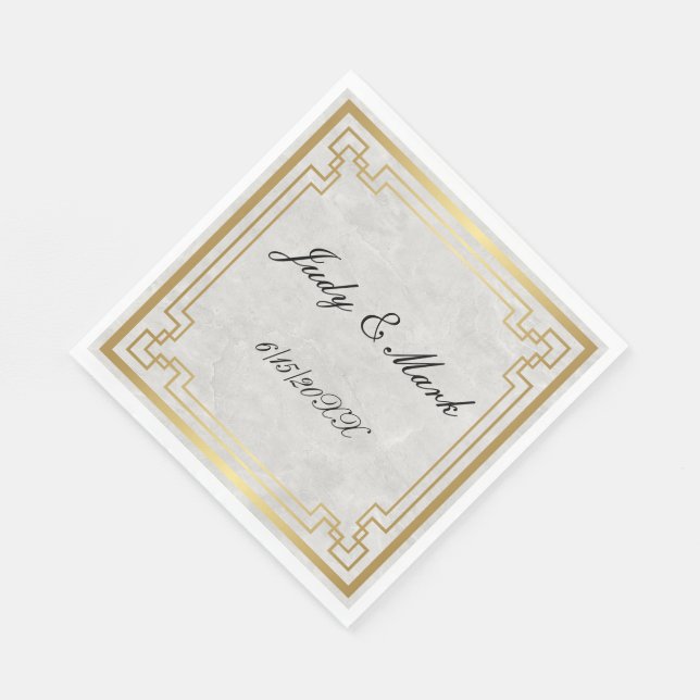Gold Geometric Frame White Marble Wedding Paper Napkins (Corner)