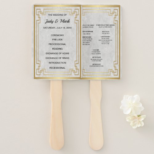 Gold Geometric Frame White Marble Wedding Program Hand Fan