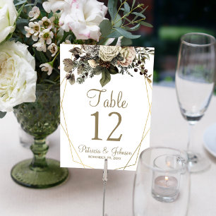 Gold geometric frame winter floral wedding chic table number