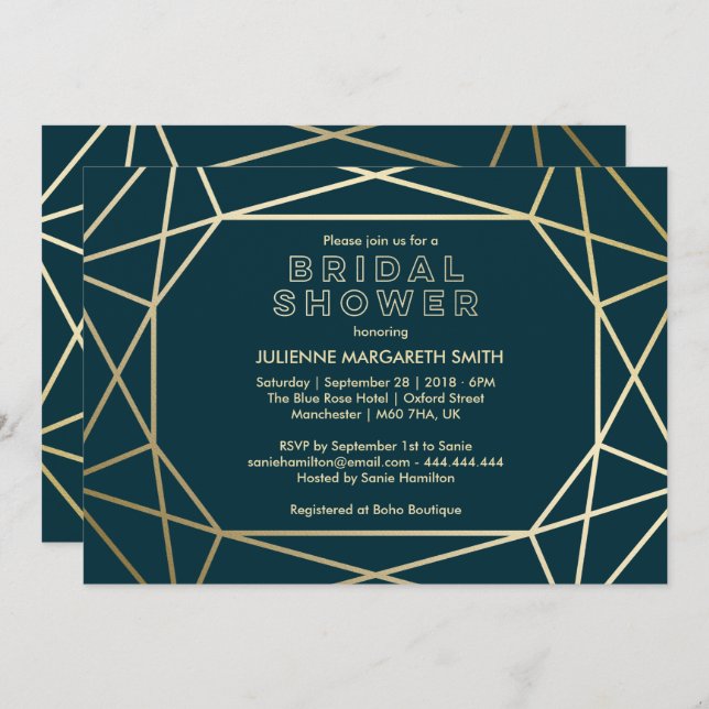 Gold Geometric Gem Sophisticated Bridal Shower Invitation (Front/Back)