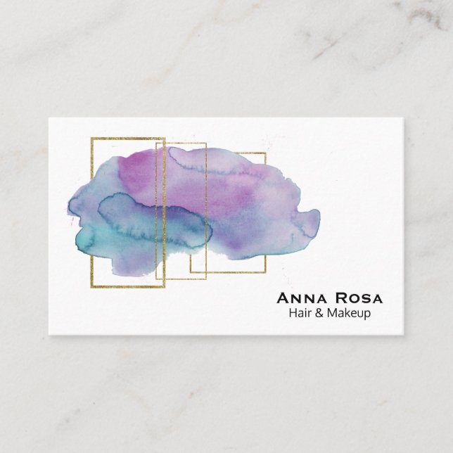 *~* Gold Geometric Girly Purple Magenta Watercolor Business Card (Front)