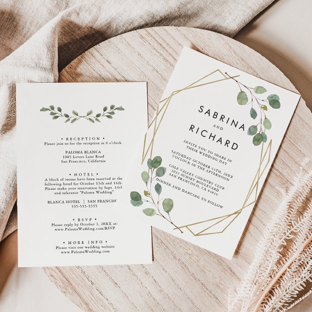 Gold Geometric Green Back & Front Formal Wedding Invitation (Creator Uploaded)