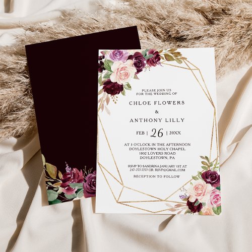 Gold Geometric Green Blush Burgundy Floral Wedding Invitation