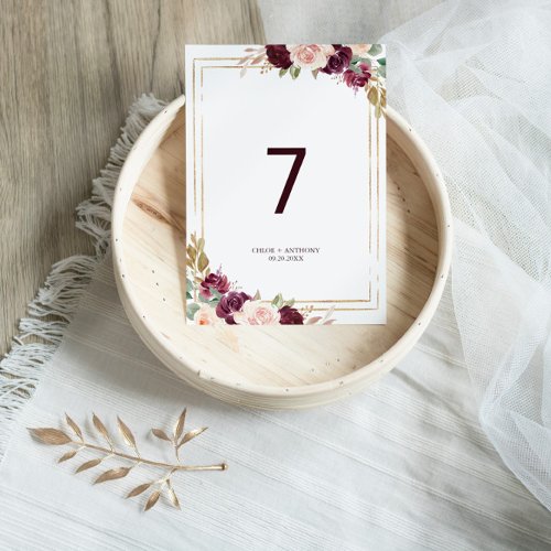 Gold Geometric Green Blush Burgundy Floral Wedding Table Number