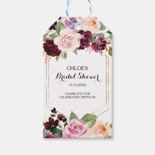 Gold Geometric Green Burgundy Floral Bridal Shower Gift Tags