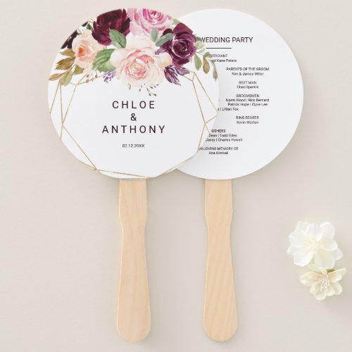 Gold Geometric Green Burgundy Floral Wedding Hand Fan