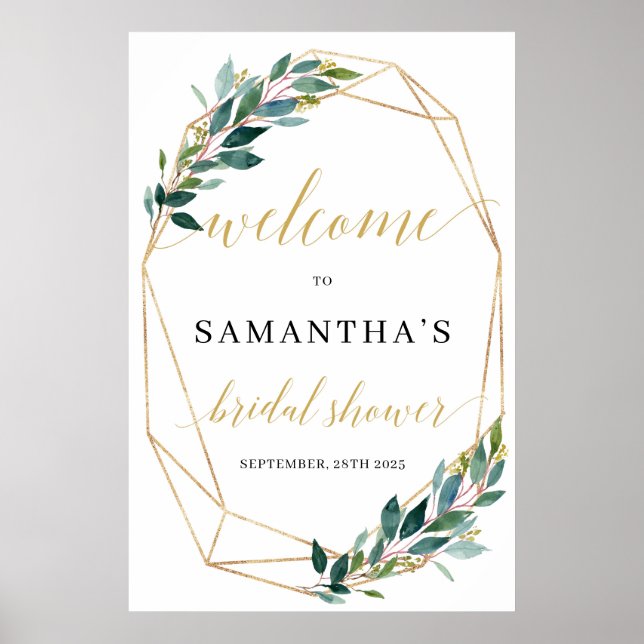 Gold geometric green eucalyptus bridal welcome poster (Front)