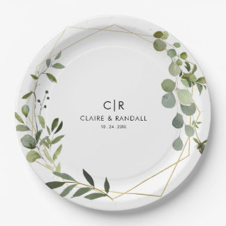 Gold Geometric Green Eucalyptus Wedding Paper Plates