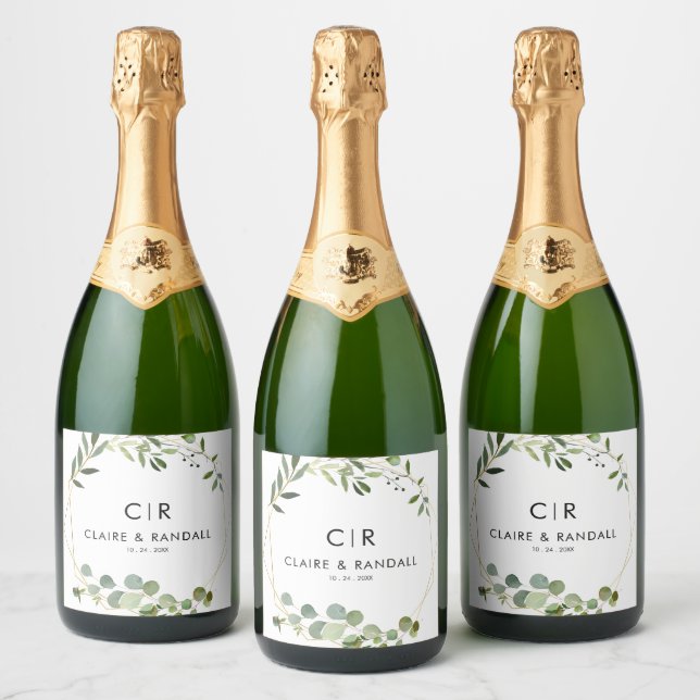 Gold Geometric Green Eucalyptus Wedding  Sparkling Wine Label (Bottles)