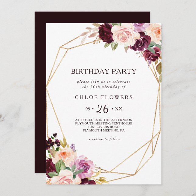 Gold Geometric Green Floral 50th Birthday Party Invitation (Front/Back)