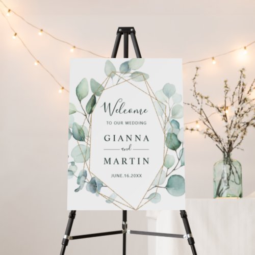 Gold Geometric Green Foliage Photo Wedding Welcome Foam Board