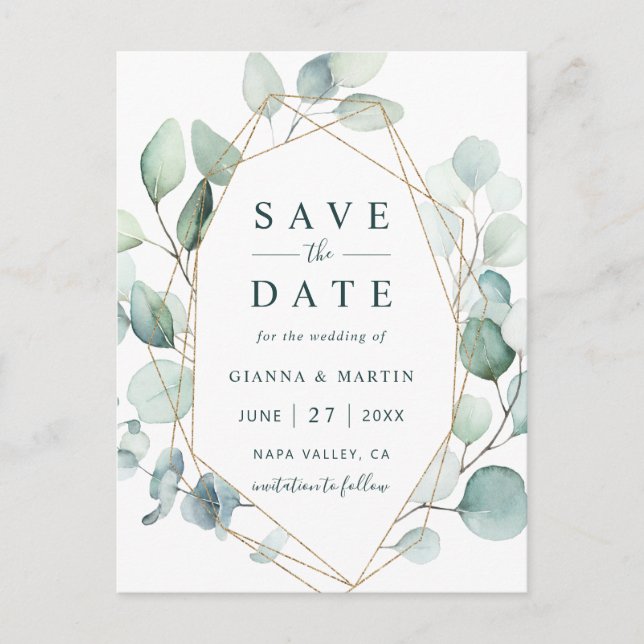 Gold Geometric Green Foliage Wedding Save the Date Announcement Postcard (Front)