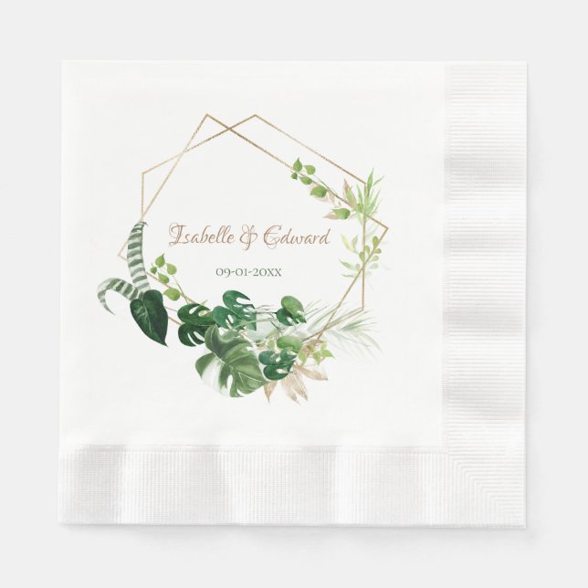 Gold Geometric Green Tropical Palm Leaves Wedding  Napkins (Front)
