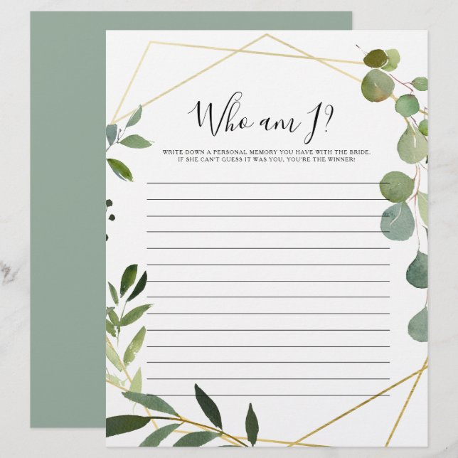 Gold Geometric Green Who Am I Bridal Shower Game (Front/Back)