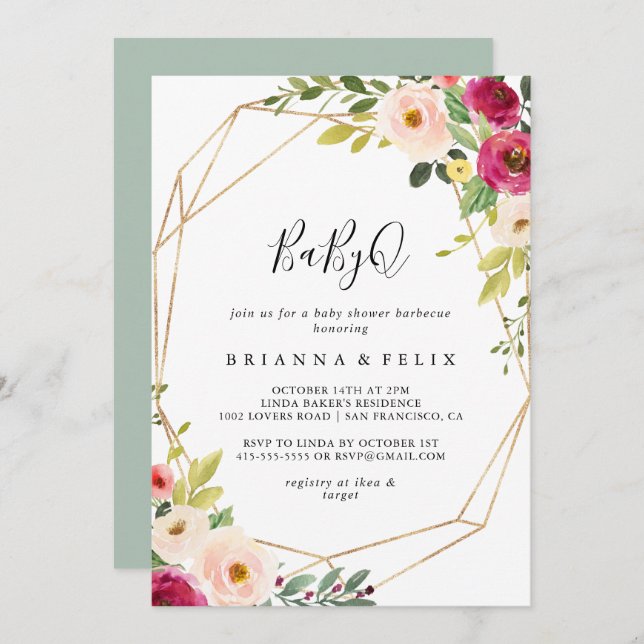 Gold Geometric Greenery BabyQ Baby Shower Barbecue Invitation (Front/Back)