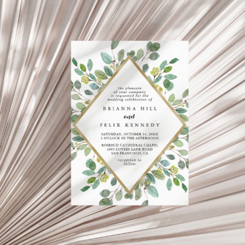 Gold Geometric Greenery Eucalyptus Diamond Wedding Invitation