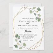 Gold Geometric Greenery Eucalyptus Spanish Wedding Invitation (Front)