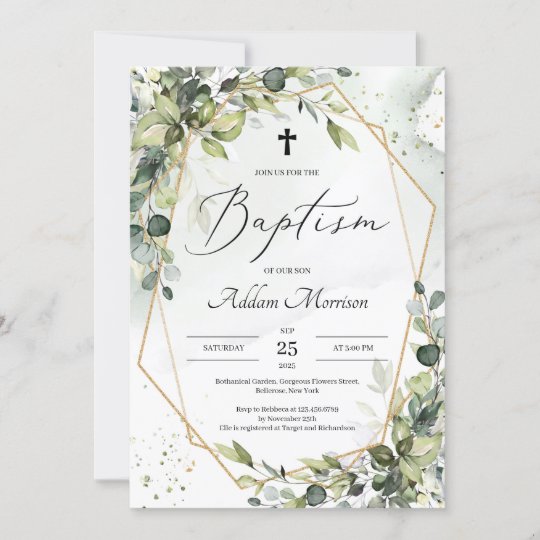 Gold geometric greenery foliage leaves baptism invitation | Zazzle.com