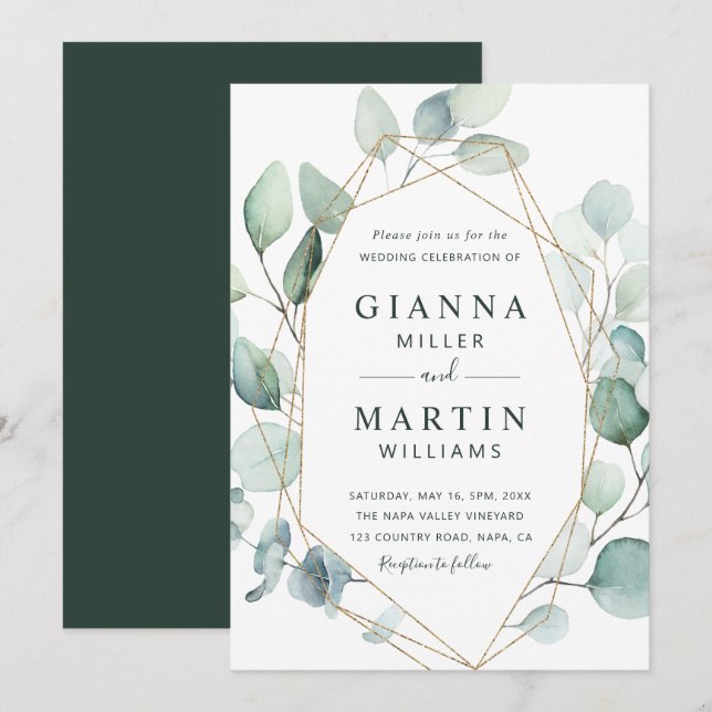 Gold Geometric Greenery Foliage Wedding Invitation (Front/Back)