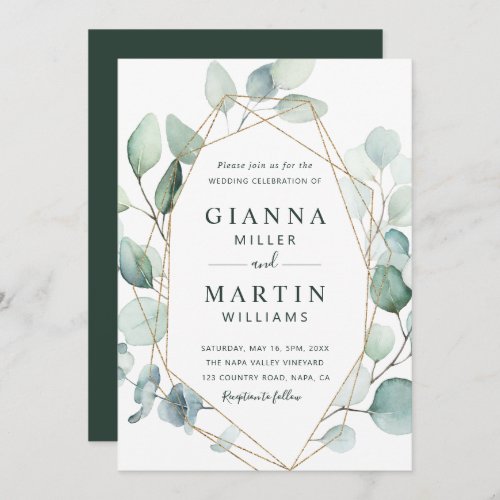 Gold Geometric Greenery Foliage Wedding Invitation