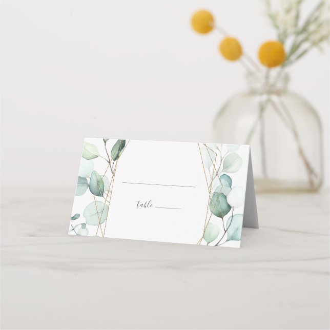 Gold Geometric Greenery Foliage Wedding Place Card (Front)