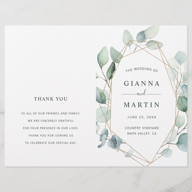Gold Geometric Greenery Foliage Wedding Program (Front)