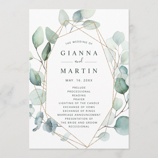 Gold Geometric Greenery Foliage Wedding Program (Front)