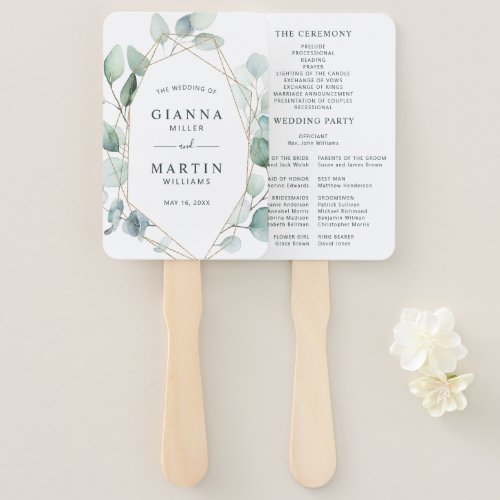 Gold Geometric Greenery Foliage Wedding Program Hand Fan