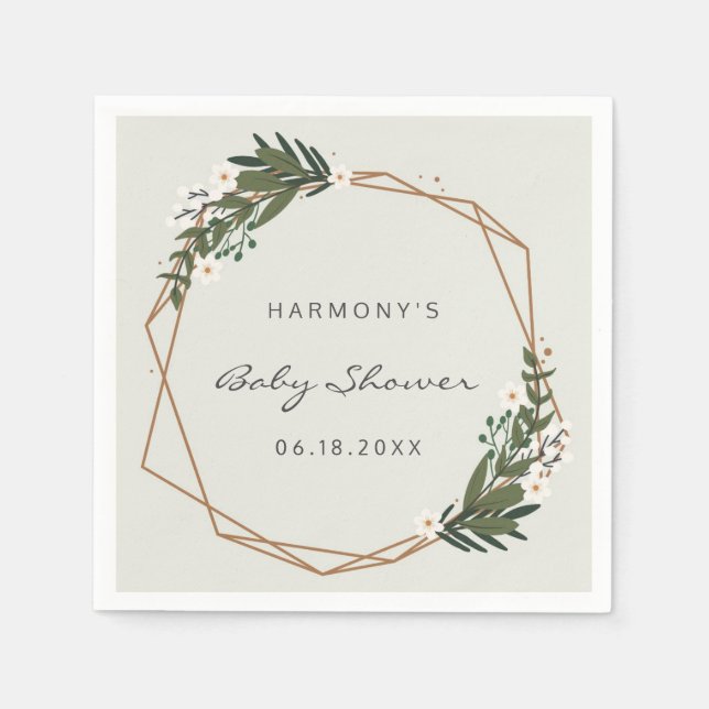 Gold Geometric Greenery Gender Neutral Baby Shower Napkins (Front)