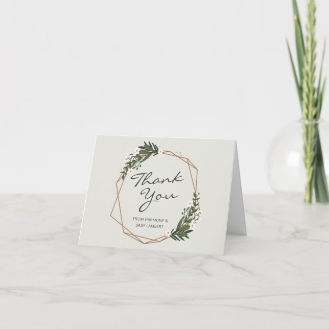 Gold Geometric Greenery Gender Neutral Baby Shower Thank You Card (Front)