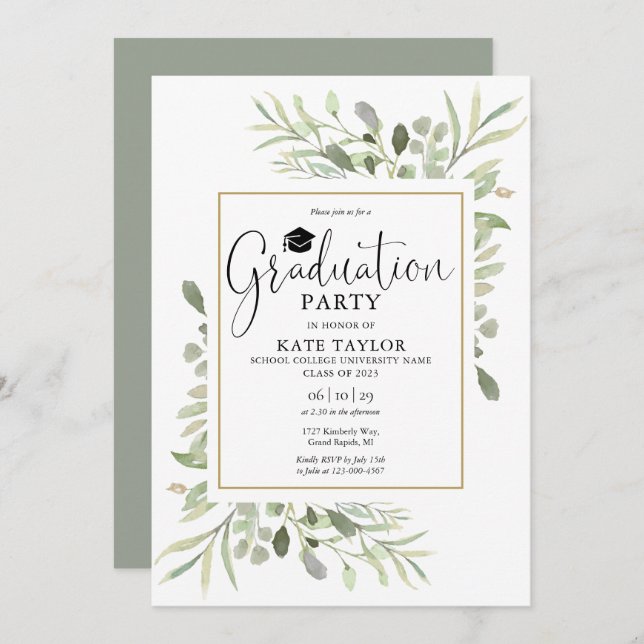 Gold Geometric Greenery Graduation Party Invitation (Front/Back)
