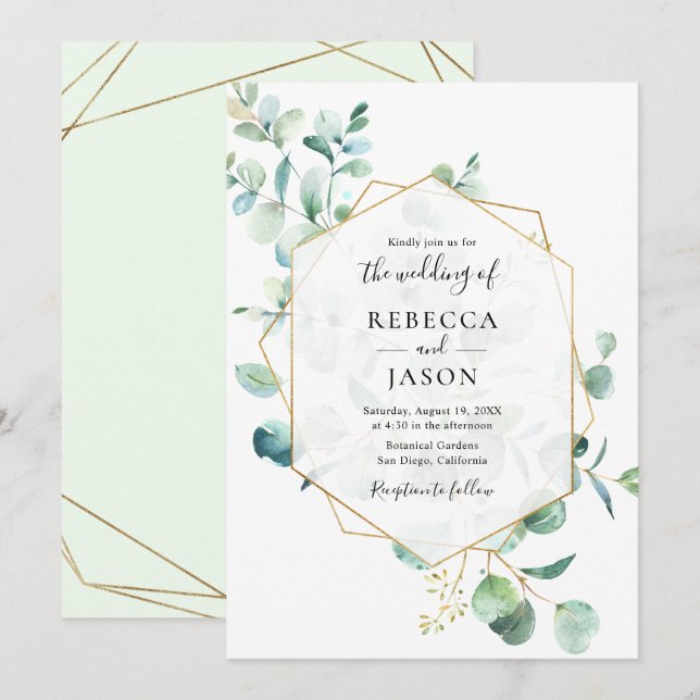 Gold Geometric Greenery Leaves Wedding Invitation (Front/Back)