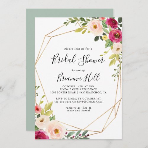 Gold Geometric Greenery Pink Blush Bridal Shower Invitation