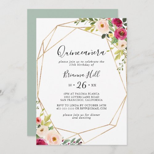 Gold Geometric Greenery Pink Floral Quinceaera Invitation