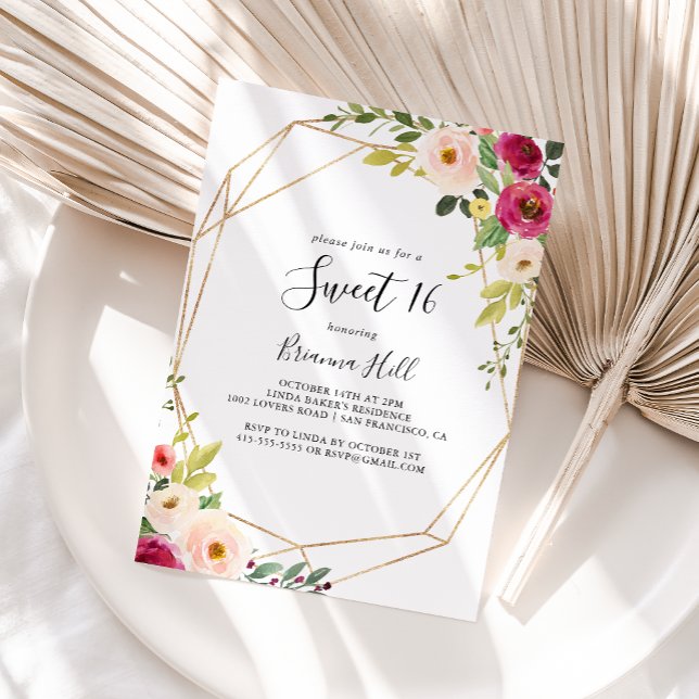 Gold Geometric Greenery Sweet 16 Birthday Party Invitation (Creator Uploaded)