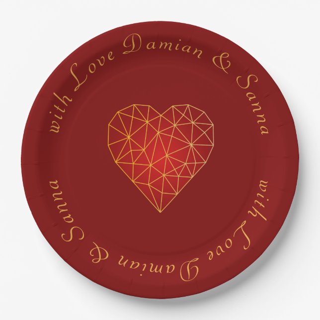 Gold Geometric heart love Paper Plates (Front)