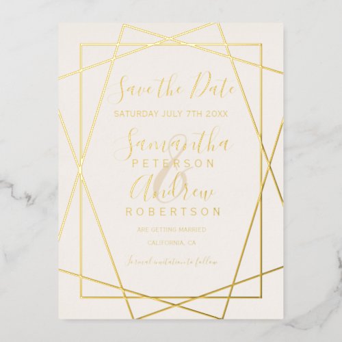 gold geometric ivory script save the date foil invitation postcard